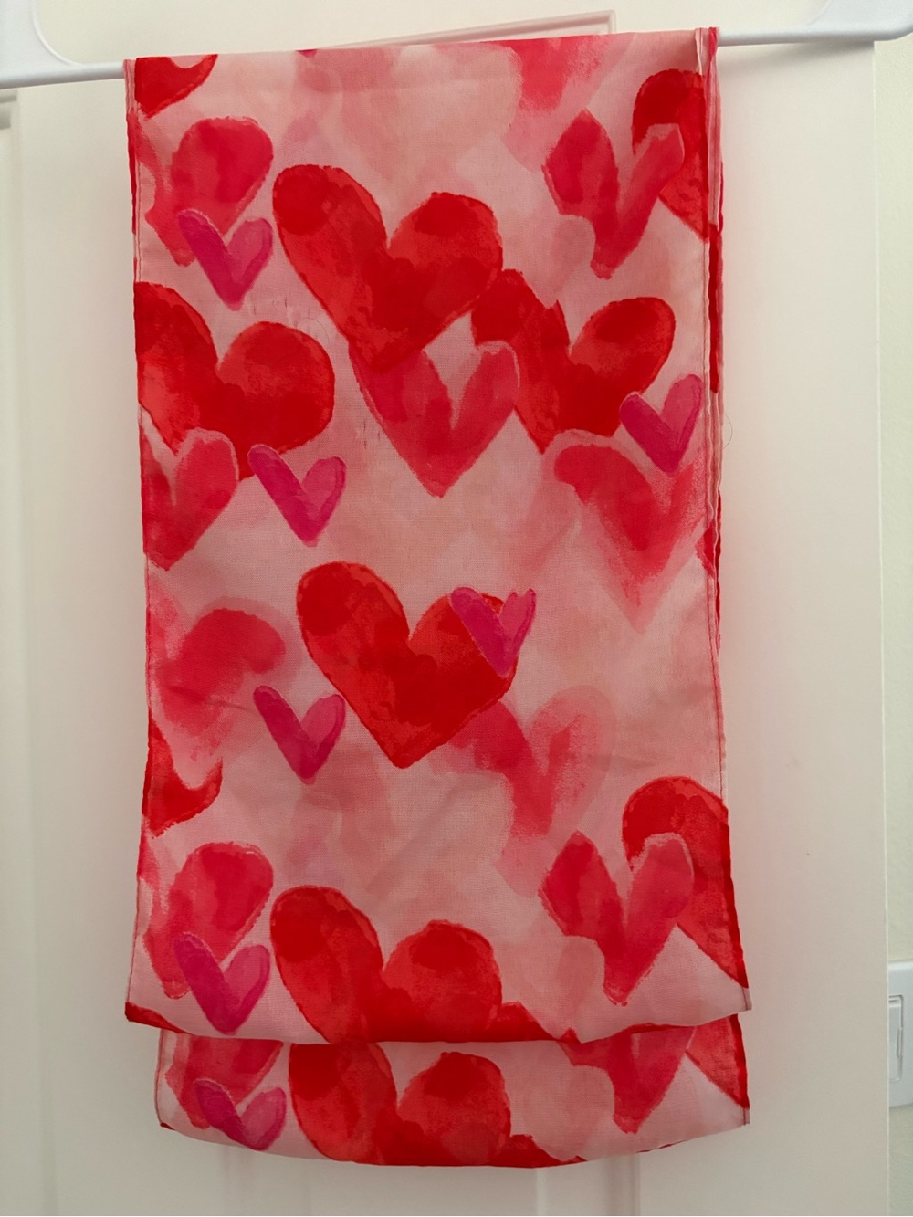 Sheer Heart-Print Infinity Scarf in Red & Pink